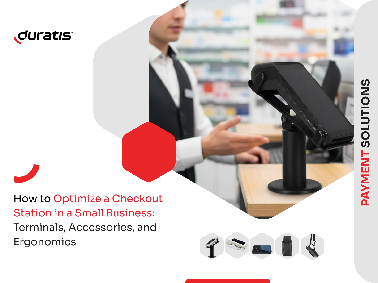 Payment terminal on a stand at a checkout, with cashier and store background.