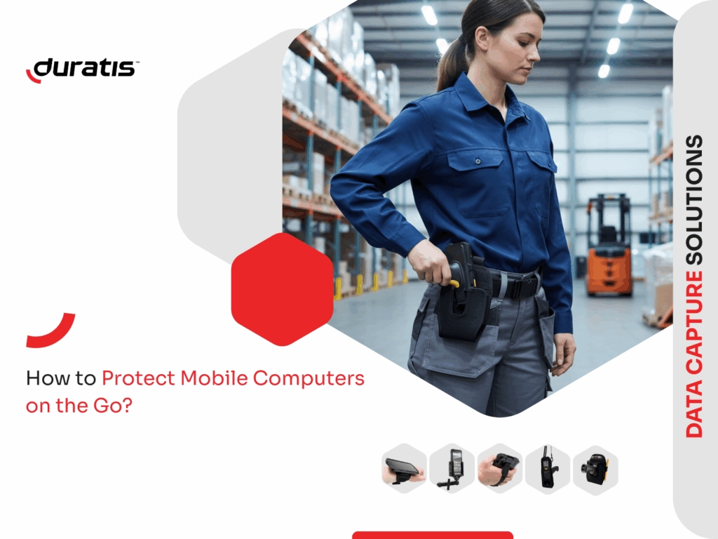 Woman wearing a mobile computer with a pistol grip in a holster, working in a warehouse